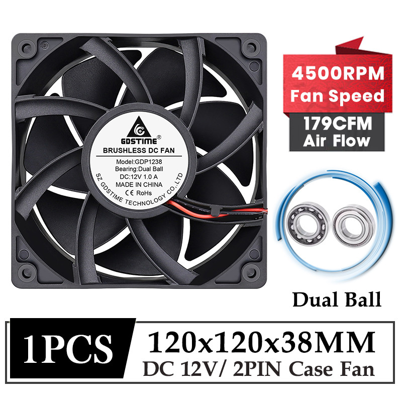 Gdstime DC 12V Fan 120MM Cooler Fan 120MM*38MM Dual Ball Brushless Cooling Fan 12038 High Speed 4500