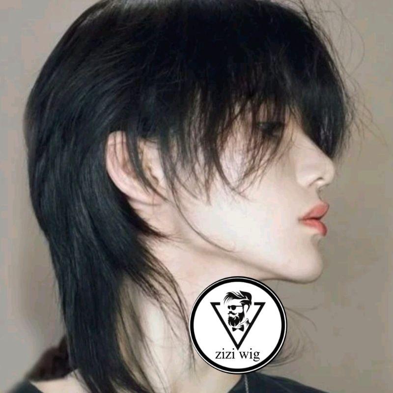 Wig Pria Rambut Pendek Mullet Panjang Warna Hitam Gaya Pria Rambut Model Wolfcut