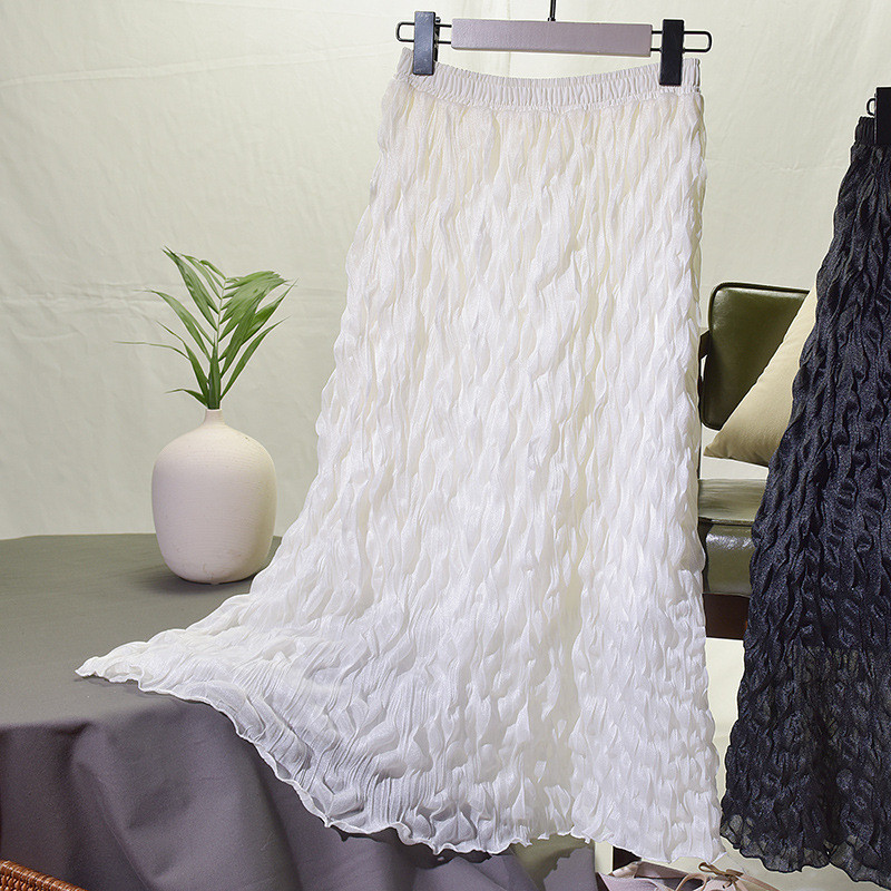 Rok Lipit Retro Rok Pinggang Tinggi Lipatan Tekan Rok Panjang Sedang Beige Krim