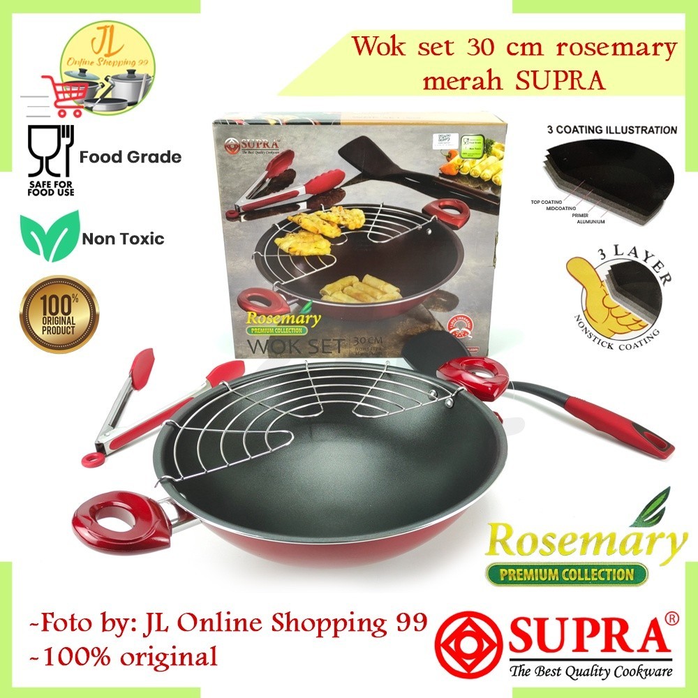 Wok set SUPRA 30cm Merah / Wajan Tempura / Wajan teflon anti lengket