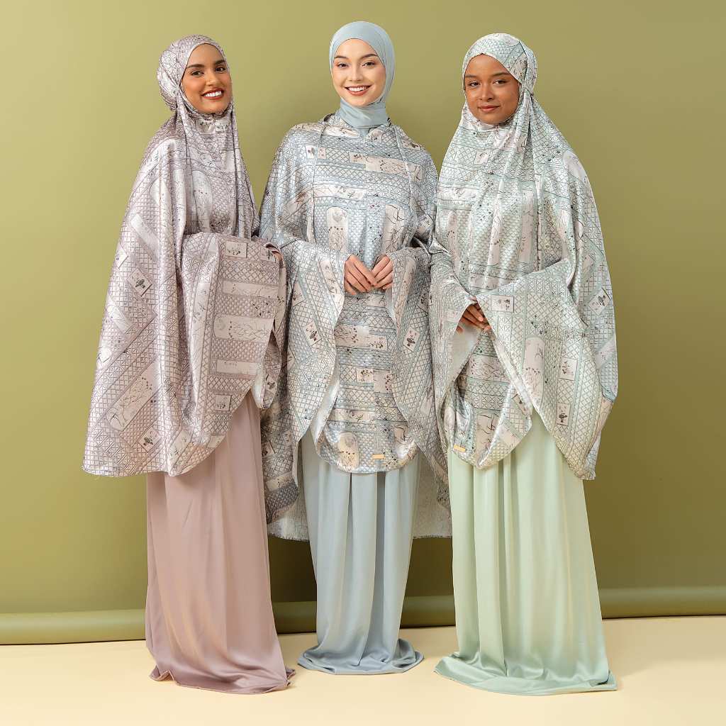 Lozy Hijab - Rawda Prayer Set - Frosted Sage (Mukena Set Pattern Bahan Silk)