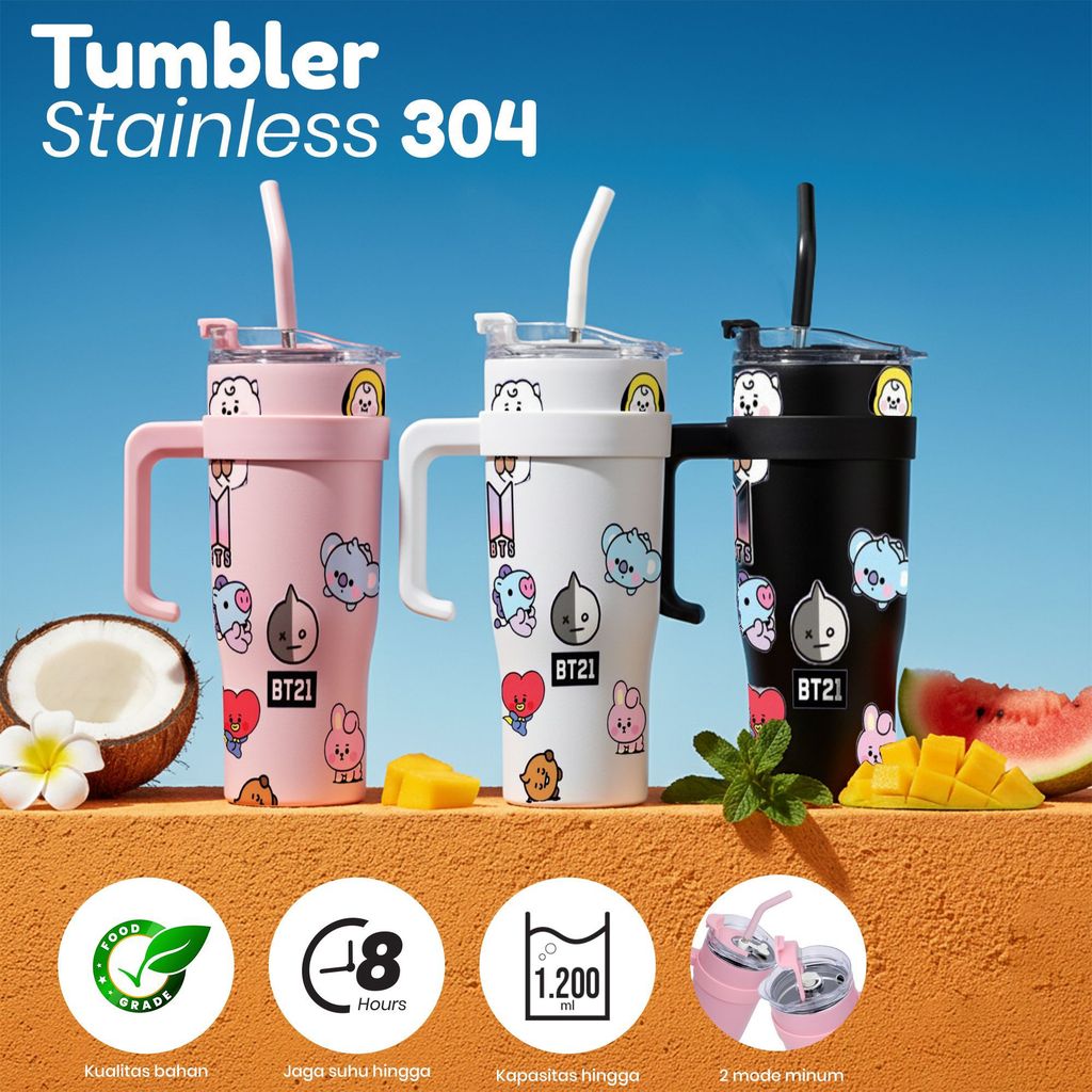 Tumbler Stainless 304 BT21 1200ml Kualitas Bahan Tahan Suhu 8 Jam 2 Mode Minum Pink Putih Hitam Kara