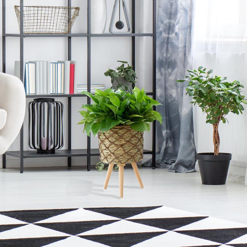 Woven Plant Stand With Legs Elevated Plant Stand With Plant Basket Wooden Round Table Handmade Plant