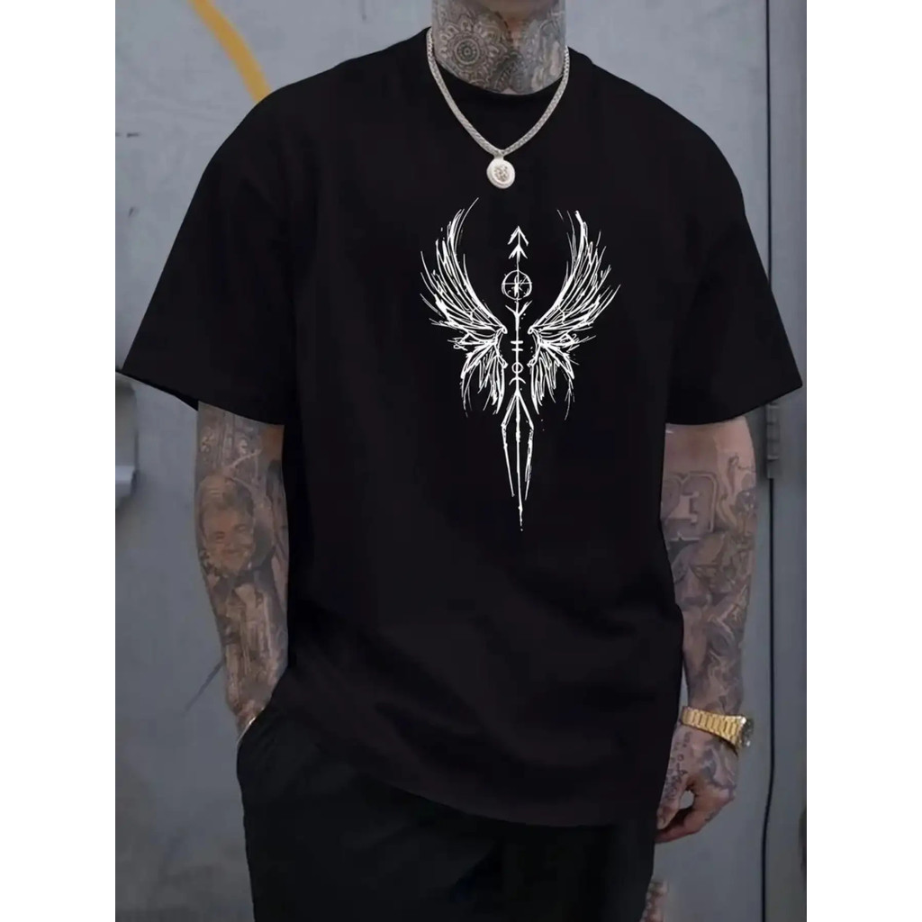 [Kaos Grafis Hip-Hop] Kaos Grafis Hip-Hop Pria - Desain Sayap Tebal Kaos Hitam| Pakaian Jalanan Esse