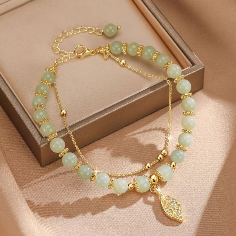 Gelang Batu Hetian Keren-Manik Giok Lonceng Emas Mewah