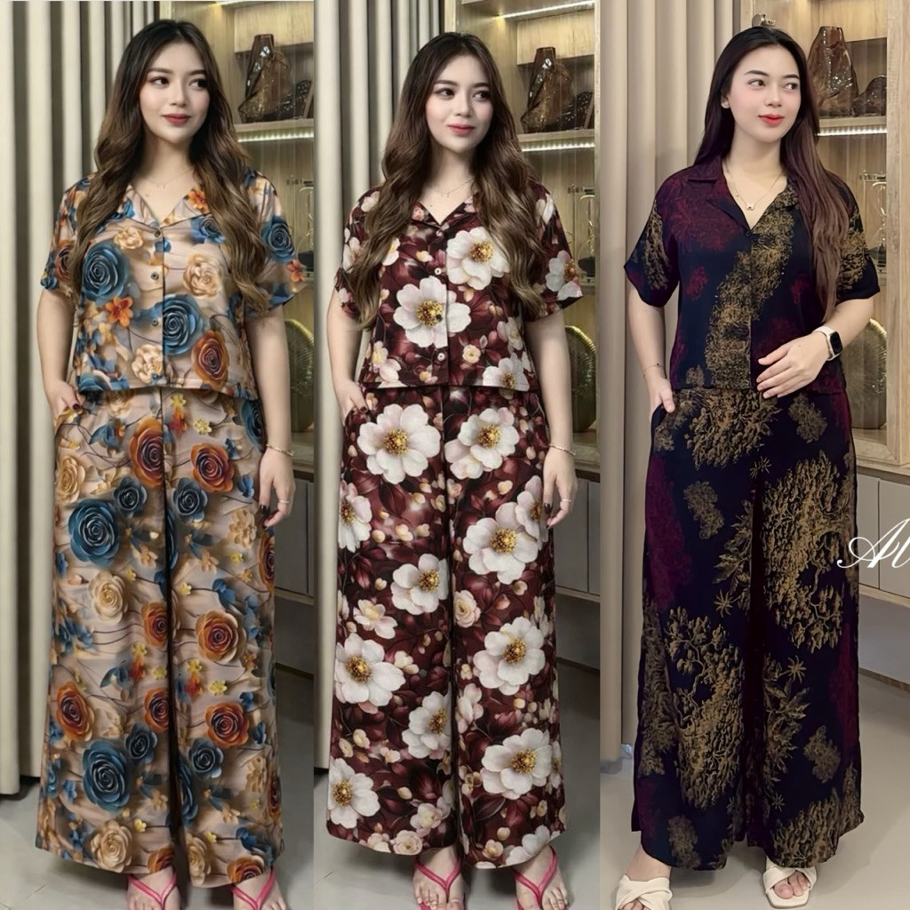 JONSTORE One Set Crop Setelan Celana Kulot Bunga-Bunga Rayon