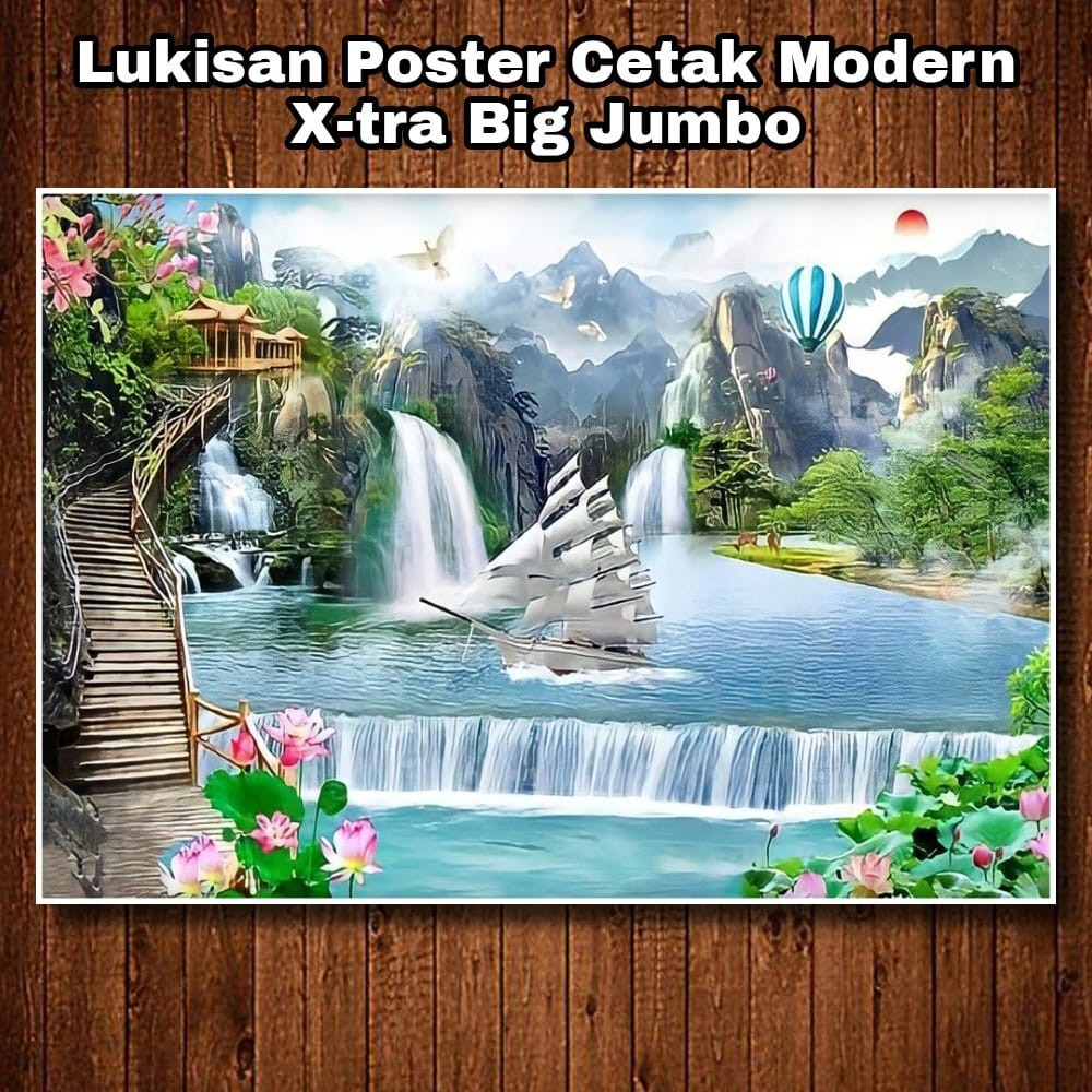 Lukisan Poster Modern Cetak Big Jumbo Foto Pemandangan Alam Air Terjun 3D Ukuran 100 x 70 cm & 100 x