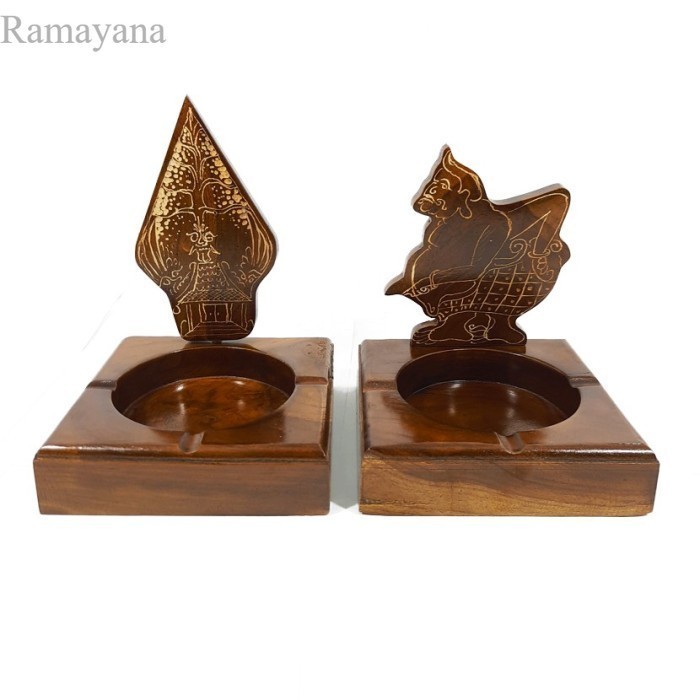 Jual Set Asbak Motif Cukit Ukir Ismoyo Pewayangan Kayu Jati Alami Unik Murah