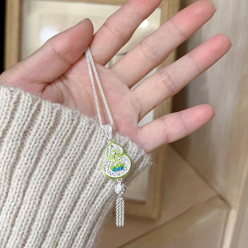 Perak murni 999 sterling perak berumbai enamel liontin labu wanita kalung