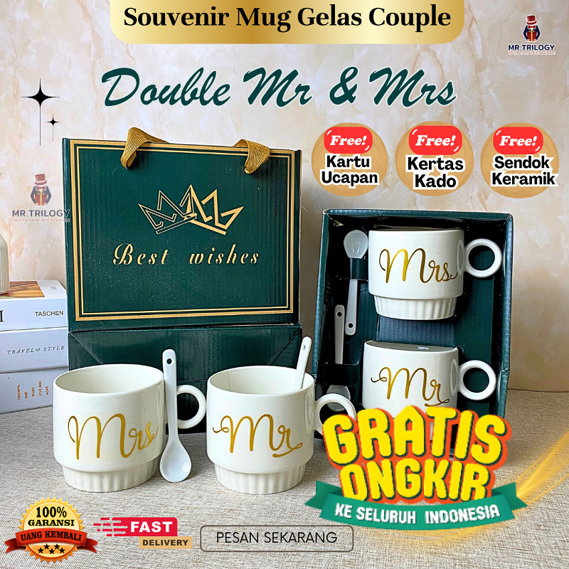 Souvenir Premium Mug Gelas Couple Fullset with Box Peralatan Minum Double Mr Mrs Hampers Natal Gift 