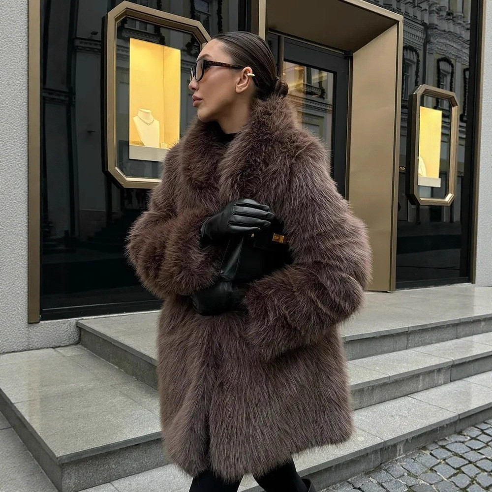 Faux Fur Coat Women Oversized Long Jacket Brownie Warm Faux Fur Overcoat Soft Furry Luxe Femme Fur J