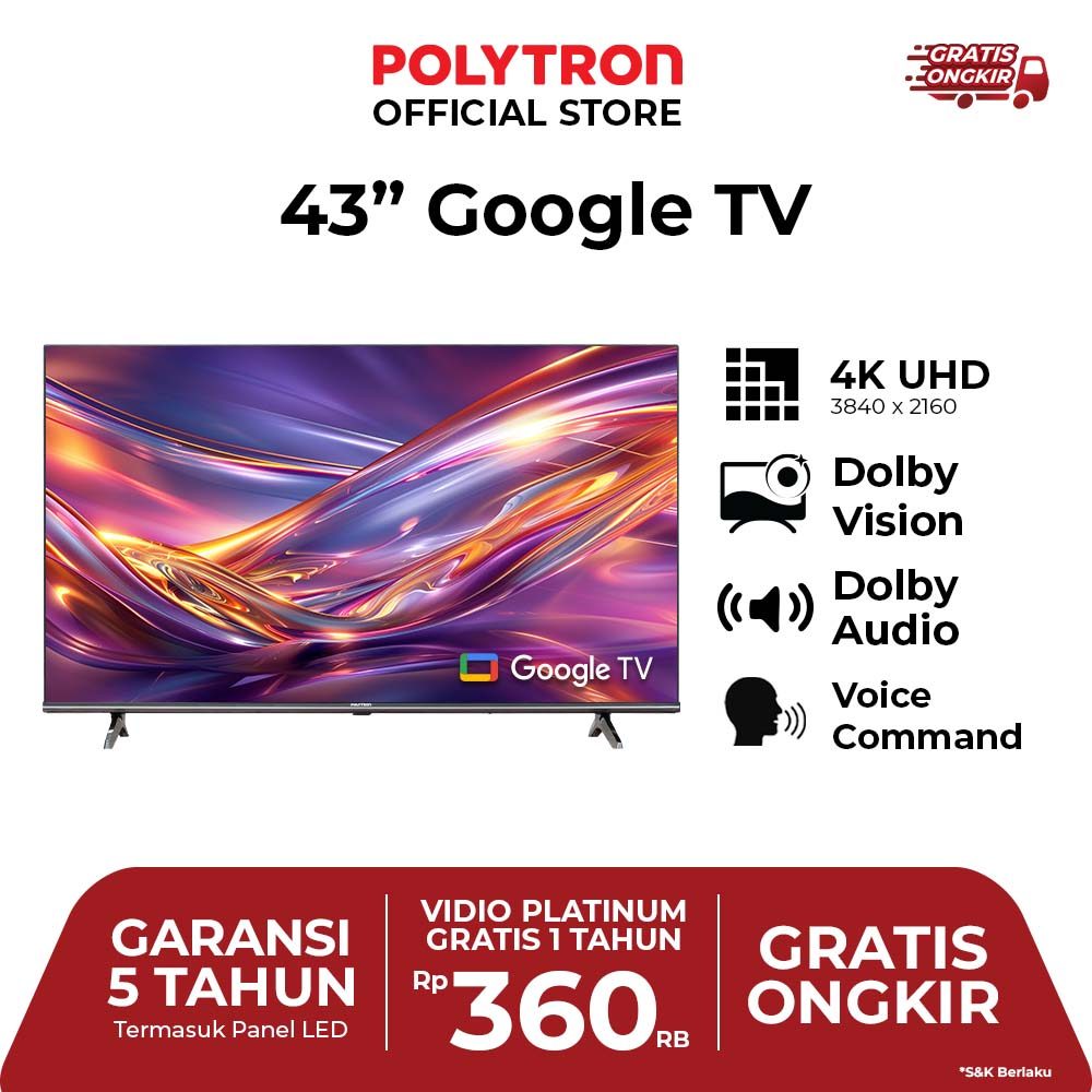 LED Polytron 43" GOOGLE TV / TV Polytron 43inch Google TV lengkap 43RG5059