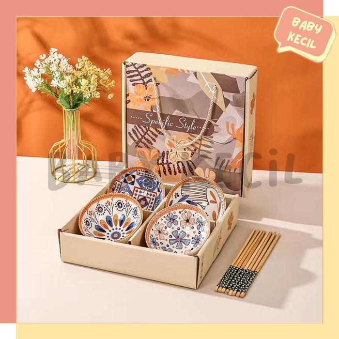 Mangkok Set Keramik / Mangkok Jepang Set / Cane flower Mangkok Jepang - SET 2, TANPA BUBBLE