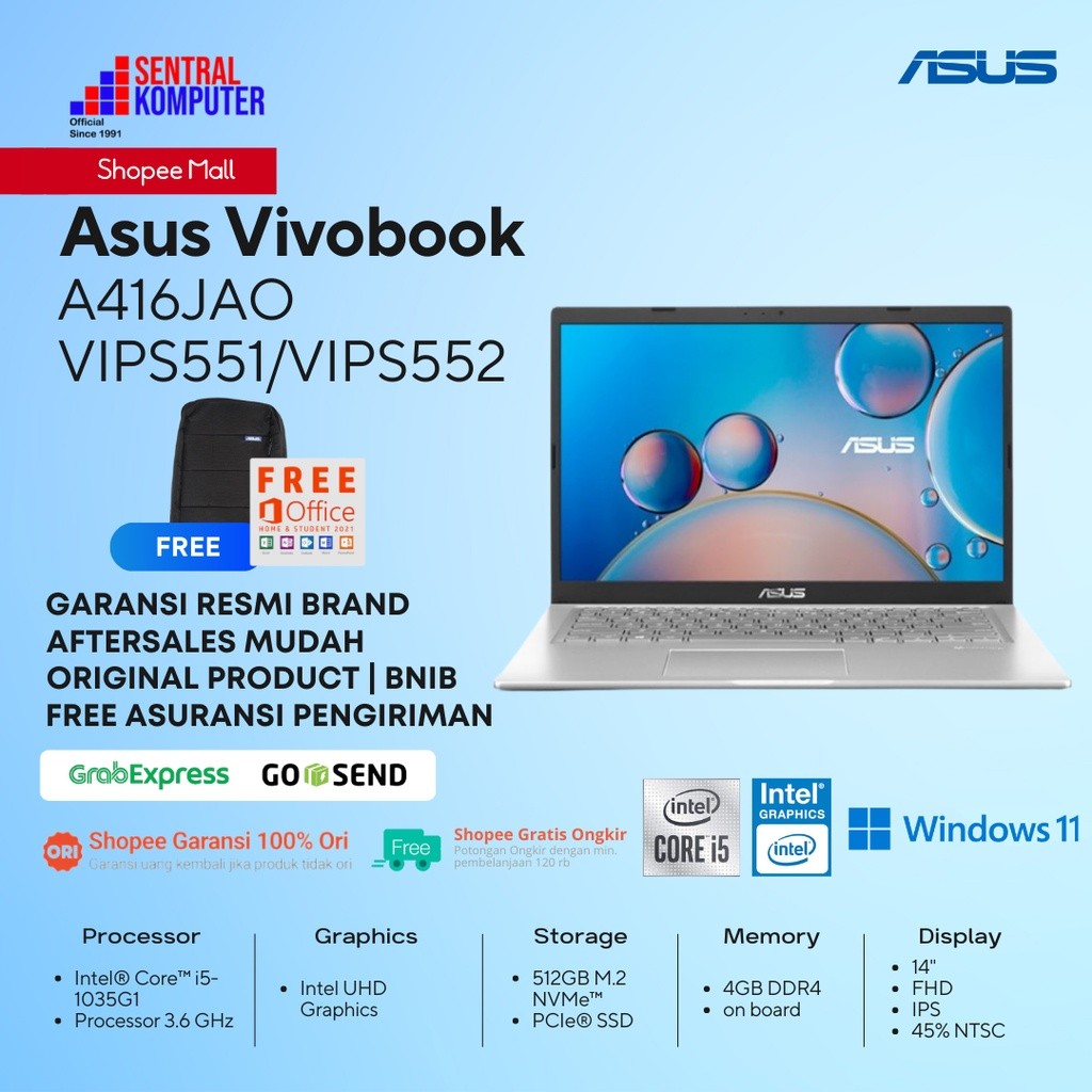 Asus A416JAO-VIPS551/VIPS552 i5-1035G1-4GB-512GB SSD-Win 11+OHS