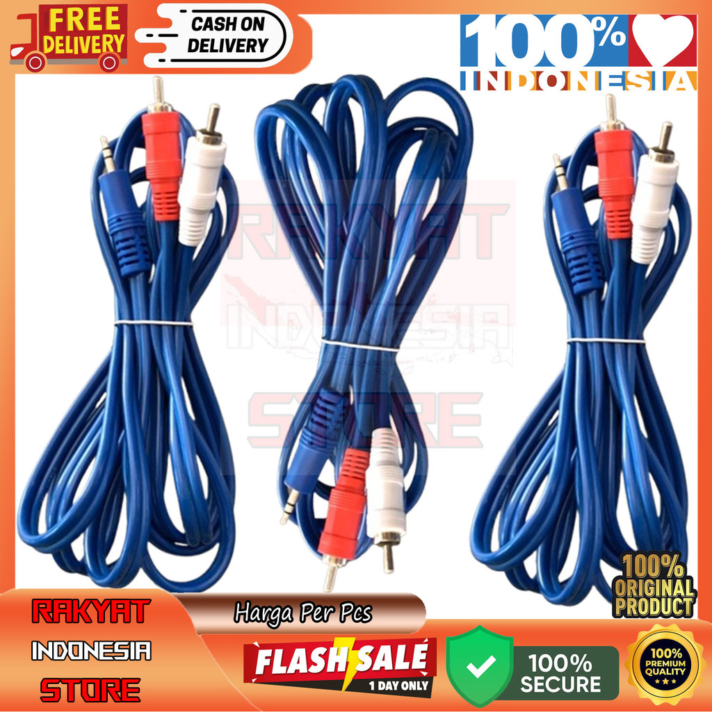 Kabel Jack AUX ke 3 RCA Audio Video Musik HP Speaker TV LCD DVD CD Laptop Kamera Gaming Set Top Box 