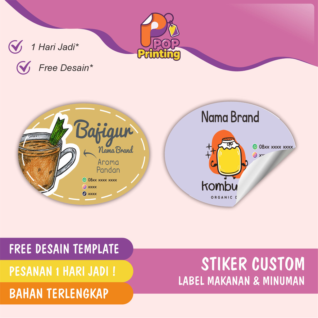 Pop_Printing Stiker Label Custom Minuman Kemasan Free Design Oval Vynill Mate Glossy Produk Minuman 