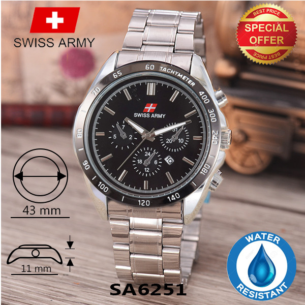 DIJUAL Swiss Army Jam Tangan Pria Rantai Tanggal SA 6251 Silver black