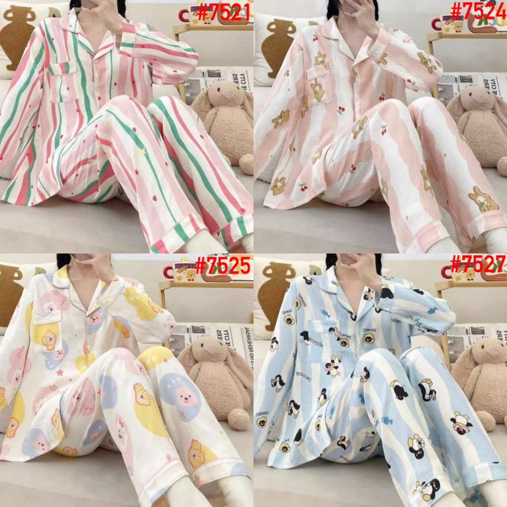 LOWESHOP Piyama Baju Tidur Wanita KKUM PP Leisure Wear Import Model Korea Fashion Kerah Kancing Leng