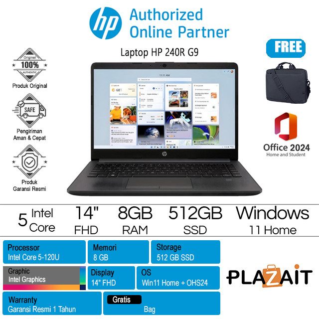 HP Laptop TKDN 240R G9 GZPC Core 5 120U 8GB 512GB 14 FHD Windows 11 Home - NB HP TKDN