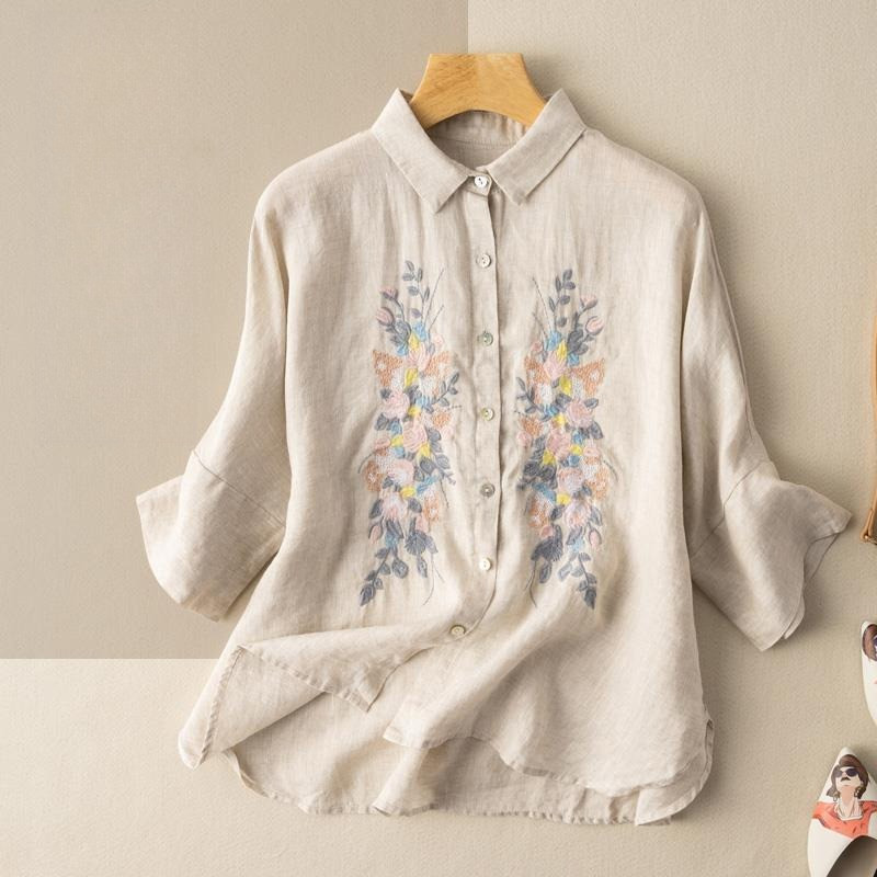 Baju katun dan linen bersulam kemeja longgar wanita kemeja linen pendek