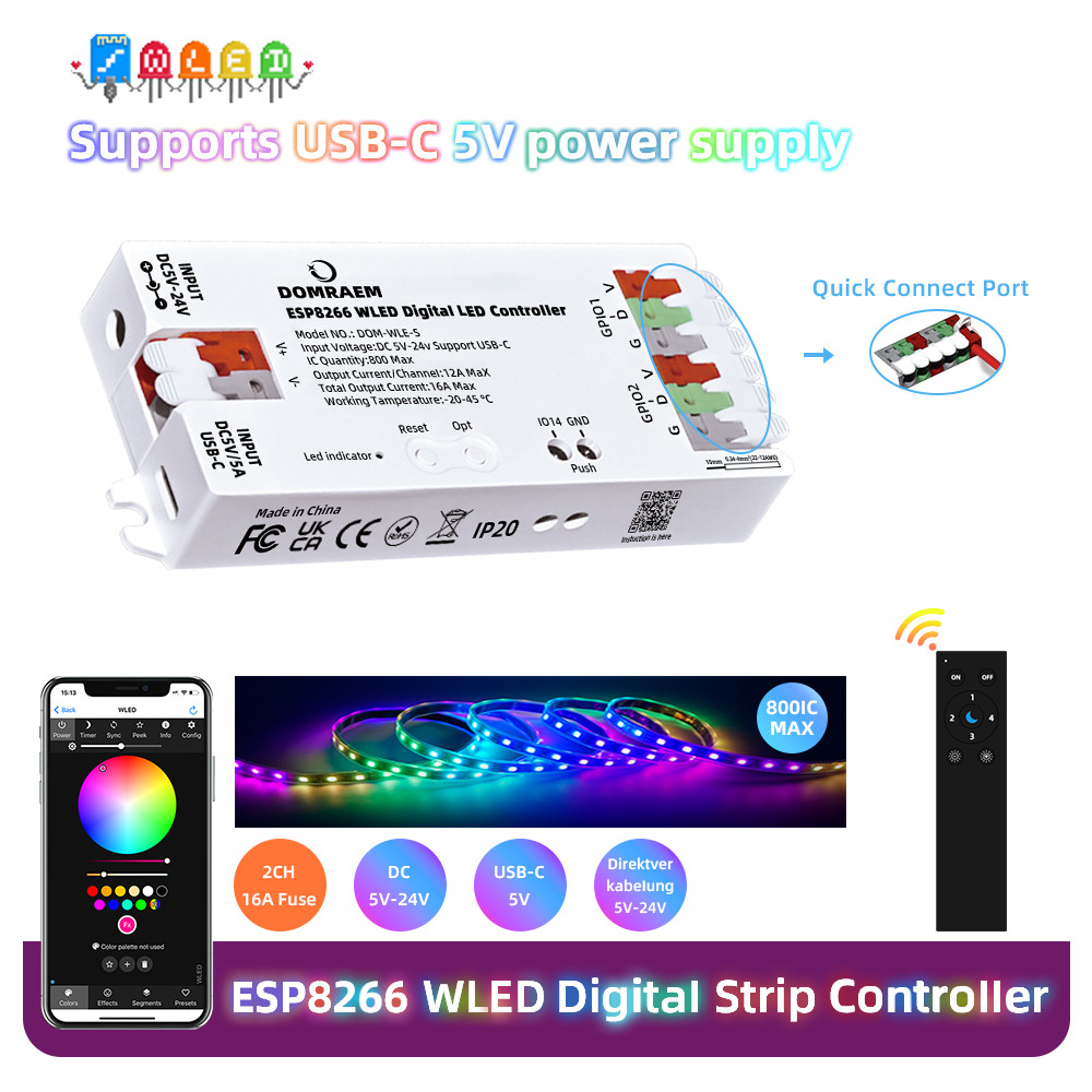 DOMRAEM ESP8266 WLED USB-C Addressable LED Controller Supports WS2811/12/12B/13/14/15/05gital Strips