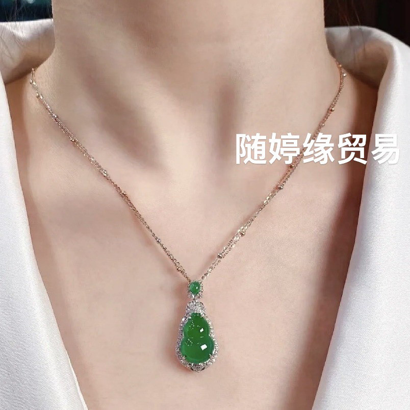 Liontin labu giok hijau positif kualitas es alami, inlay emas 18k, giok Burma asli kualitas A, liont