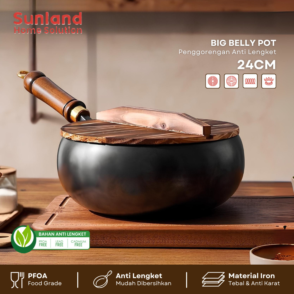 Sunland Home Solution -  Big Belly Pot Panci Wajan Besar 24cm Anti Lengket Food Grade Dengan Tutup K