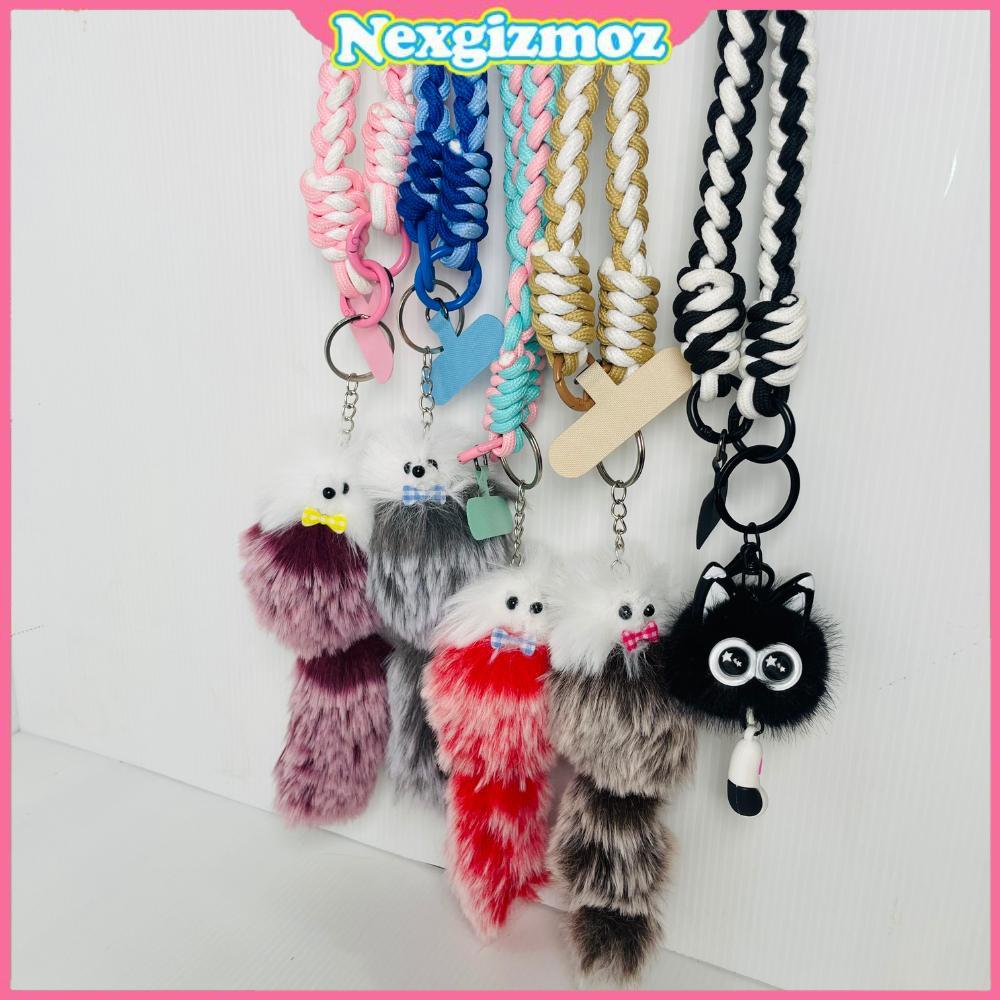 Gantungan Kunci Lanyard Tali Kepang Handmade Boneka Bulu Ekor Panjang Karakter Kucing Lucu - Tali HP