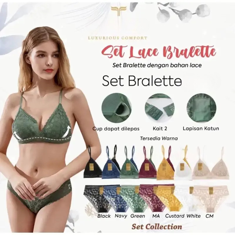 Bra Set Tanpa Kawat Busa Tipis Bahan Brokat CUP A - B Kait 2 Bra Transparan BH 7338 Sarwendah