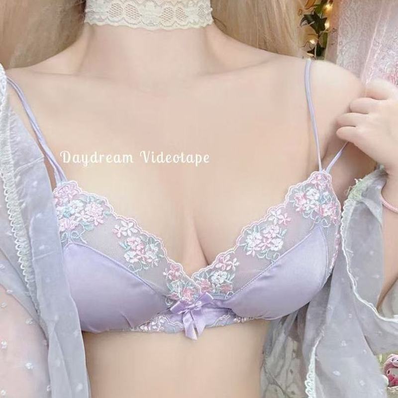 [COD] Set Bra Satin Bordir Bunga Segitiga untuk Payudara Kecil - Set Bra Tanpa Kawat