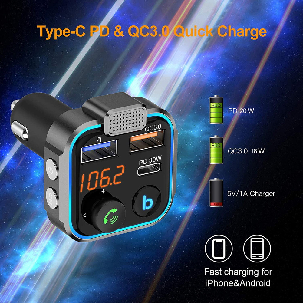 FM Transmitter Bluetooth-Compatible 5.0 PD 30W QC3.0 Fast USB FM Modulator