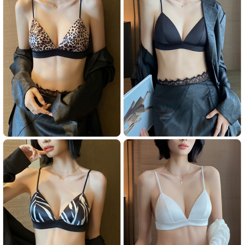 Aura Intim Bra cup segitiga dengan tali tipis dan tanpa kawat penyangga.