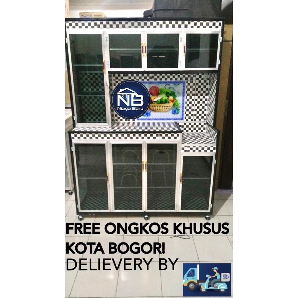 Rak Piring kaca Riben 4 Pintu Keramik Gendong Roda BOGOR