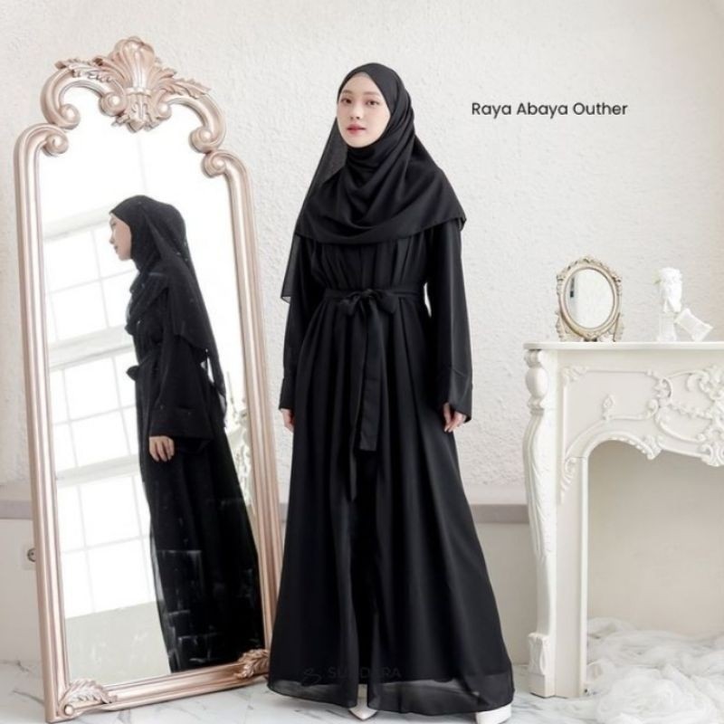 Gamis Abaya Medina (Bonus Pashmina) Outer Menyatu Abaya Basic Hitam Turkey - Khilya