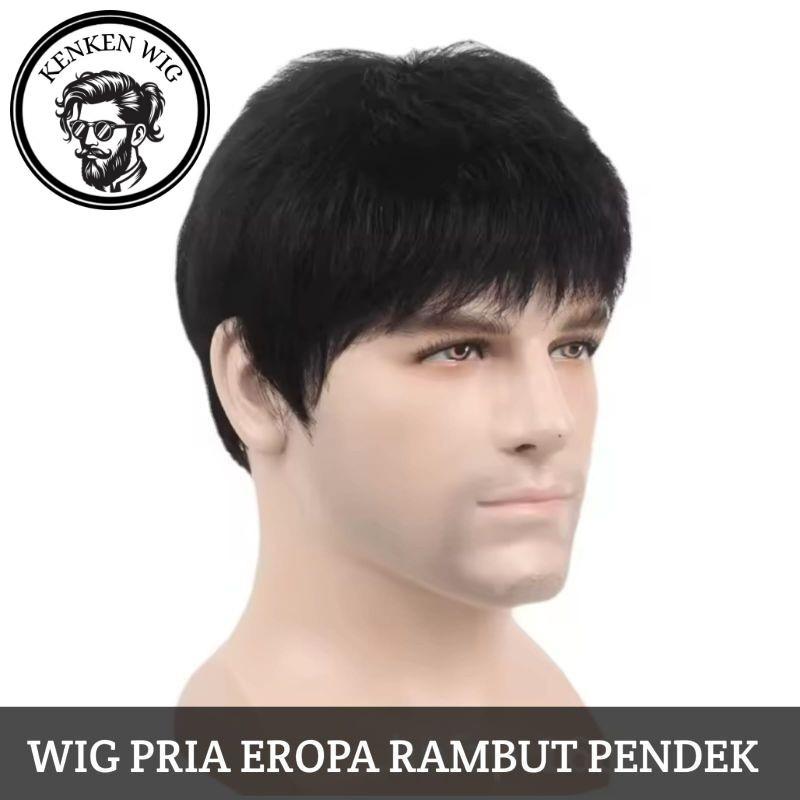 Wig Pria Eropa Rambut Pendek Warna Hitam Full Wig Rambut Palsu Pria Rambut Pendek Poni Pendek Wig Si