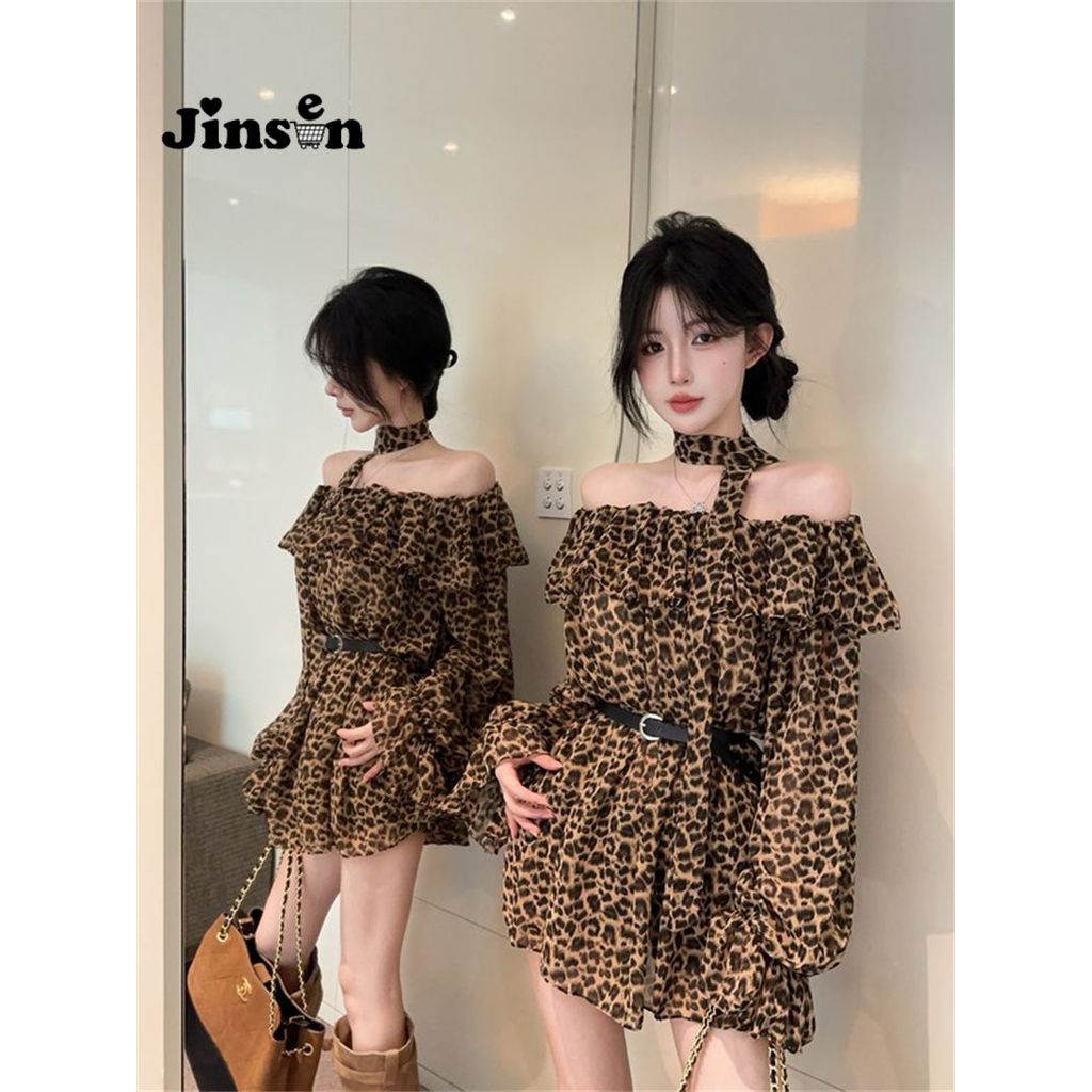 [JinSen] Blus Sifon Longgar Lengan Panjang Motif Leopard Dengan Potongan Bahu Terbuka Untuk Wanita