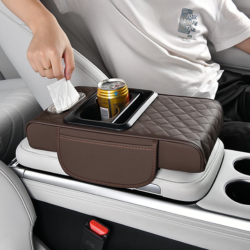 4 in 1 Car Center Console Cover Universal PU Leather Car Armrest Storage Double Cup Holder Middle Co
