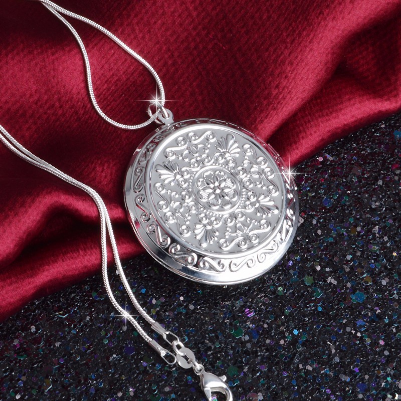 Vintage Elegant 925 Sterling Silver Round Photo Box Pendant Necklace Locket Necklaces Birthday Gift