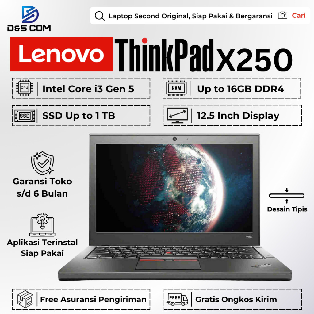 Lenovo Thinkpad X250 / X260 i5 Gen 6 Ram 8GB SSD 256GB - Laptop Second Bergaransi Siap Pakai