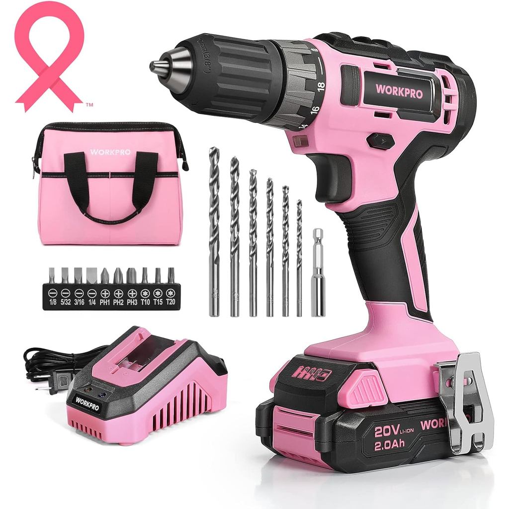 WORKPRO 20V Set Bor Tanpa Kabel Pink Chuck Tanpa Kunci 3/8” Baterai Li-ion 2 0 Ah Pengisi Daya Cepat