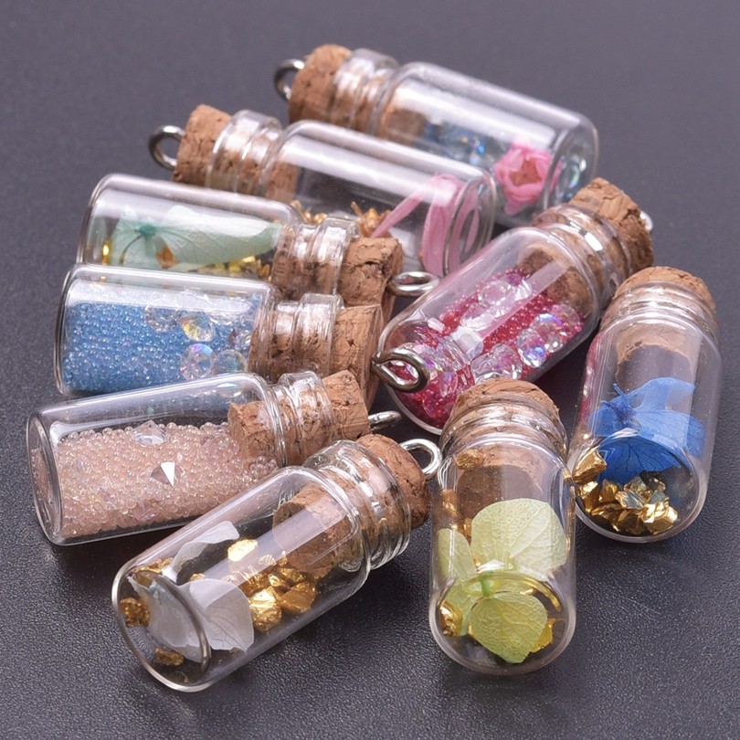 10/20/30/40pcs/Lot Small Pearl Bling Sequin Glass Bottle Charms Message Wish Bottle Pendant Mini Cle