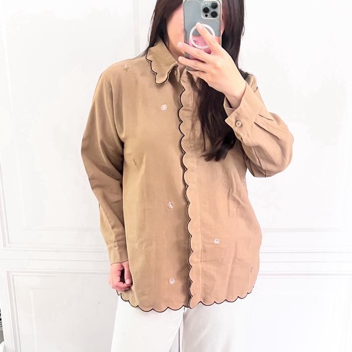 Kemeja wanita lengan panjang emily flowers bordir bunga katun linen casual kerja - Putih