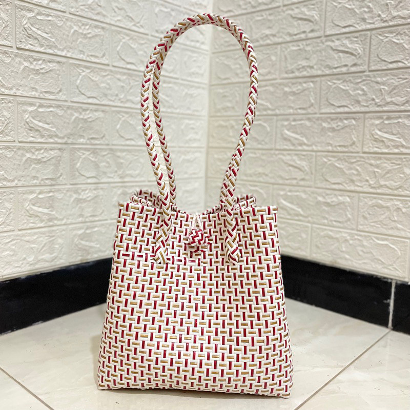 Paling dicari Tas Anyaman Jali Motif Tas Belanja Wanita Motif Merah Gold Premium Muat 5kg