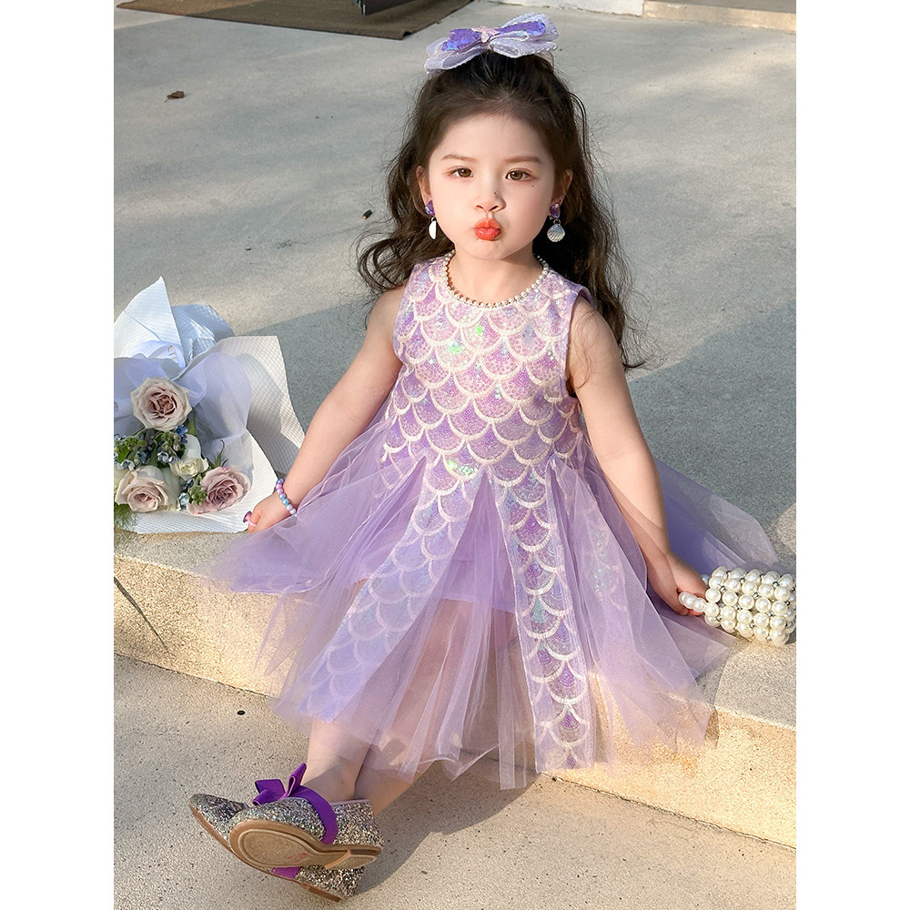 Mentari Kecil Gaun putri duyung ungu untuk anak perempuan, gaun ulang tahun, gaun rompi