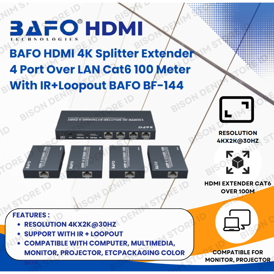 BAFO HDMI 4K Splitter Extender 4 Port Over LAN Cat6 100 Meter M with IR+Loopout (4Kx2K@30Hz) BAFO BF