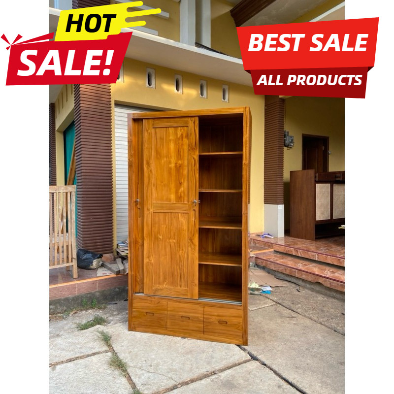 Lemari Sliding 2 Pintu Minimalis Jati Solid | Almari kaca Kayu Jati Asli Jepara