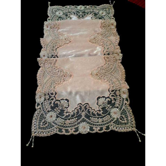 Taplak Meja Tamu Minimalis - Table Runner Shabby Chic Motif Daun 90 120 150 180 210 300 cm - sofpink