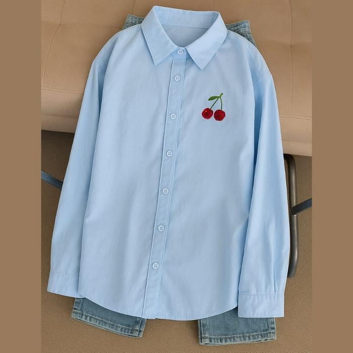 Vallina Outfit Cherry Ribbon Shirt Kemeja Wanita Muslim Linen - Biru