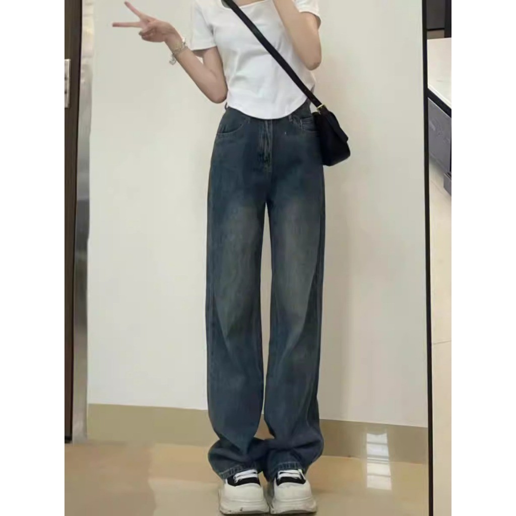 Biru retro Celana jeans wanita Premium Celana jeans lurus longgar ala Korea