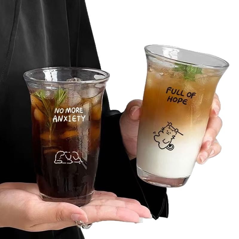 Gelas Kaca Aesthetic Motif Kucing 300–400ml | Gelas Minum Kopi Susu Ice Coffee Latte Bening Tinggi S